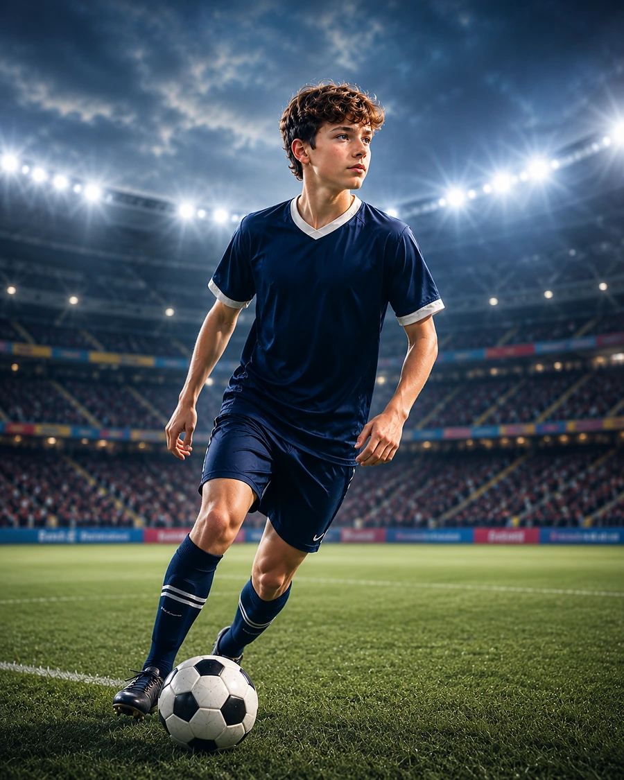 Ung fotballspiller i et dramatisk digitalt fotballdesign